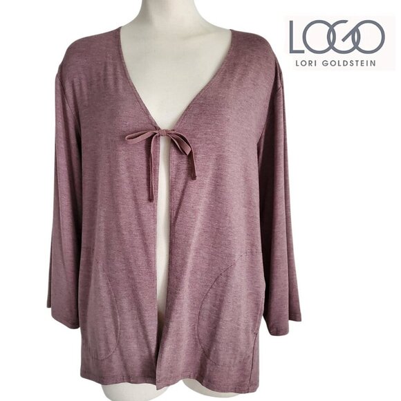 LOGO by Lori Goldstein Knit Tie Front Yoga Cardigan in Mauve Dusty Purple XS - Picture 1 of 13